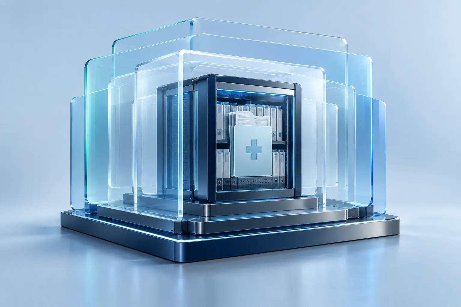 Multiple protective glass layers around a healthcare information archive