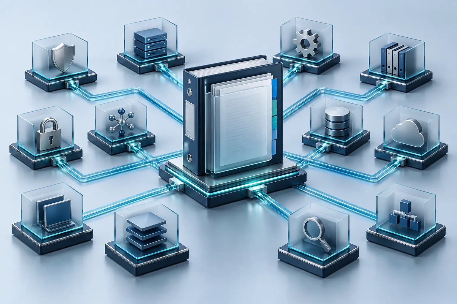 A broad architectural grid of many organized control modules linked to a central technical evidence binder