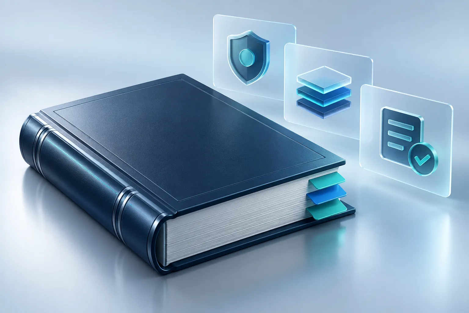 A refined technical reference volume with colored indexed tabs and three translucent information tiles