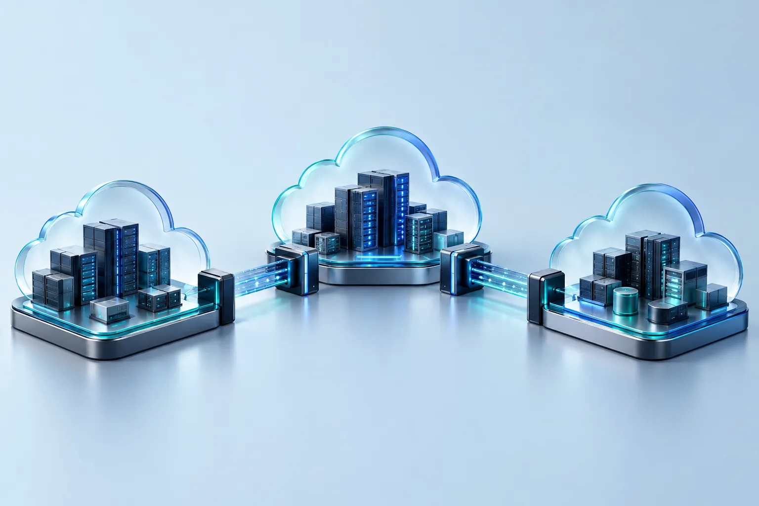 Three distinct generic cloud infrastructure environments connected through controlled gateways