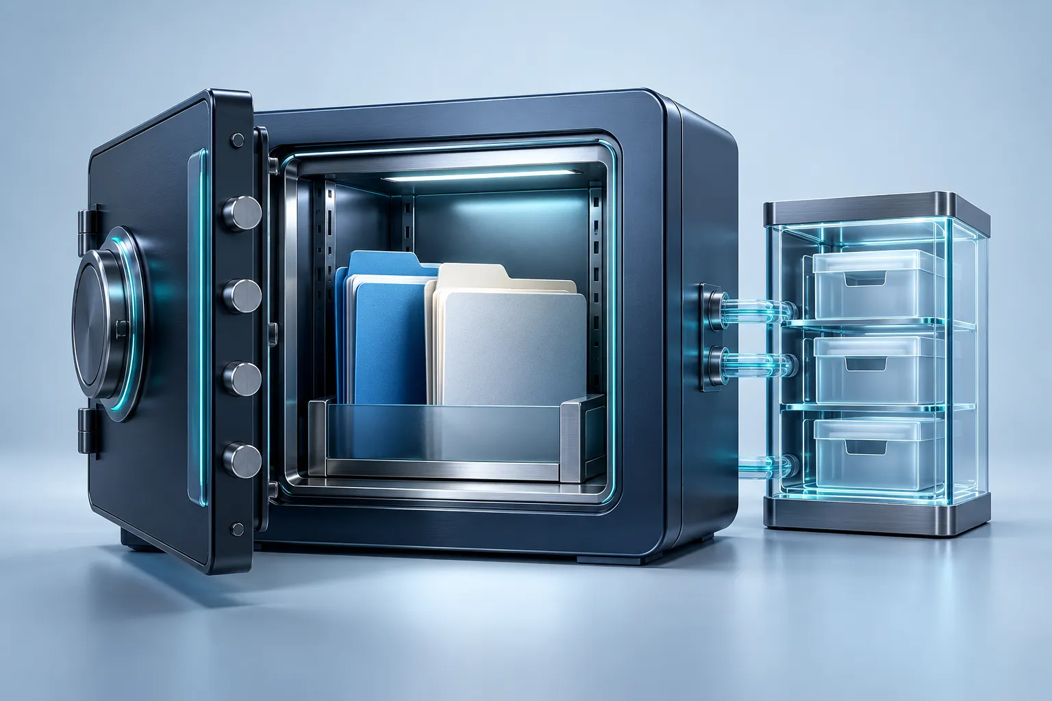 Two classified information folders placed in a protected shared vault with a linked evidence archive