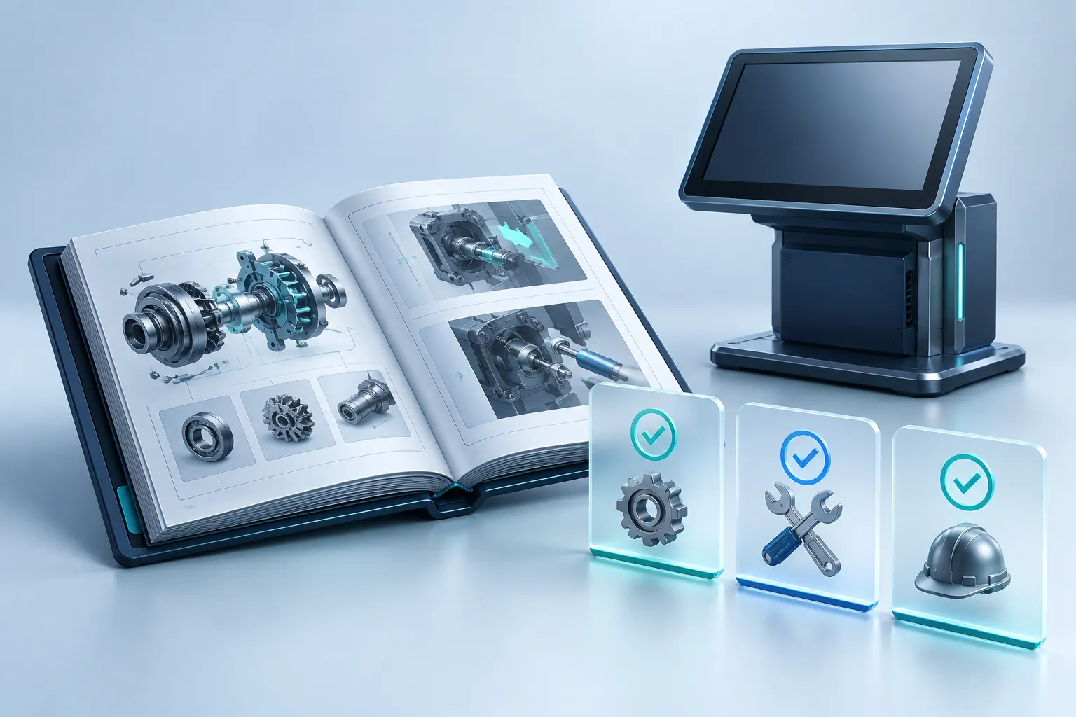 A technical learning manual and three completion record tiles beside an unlabelled training terminal