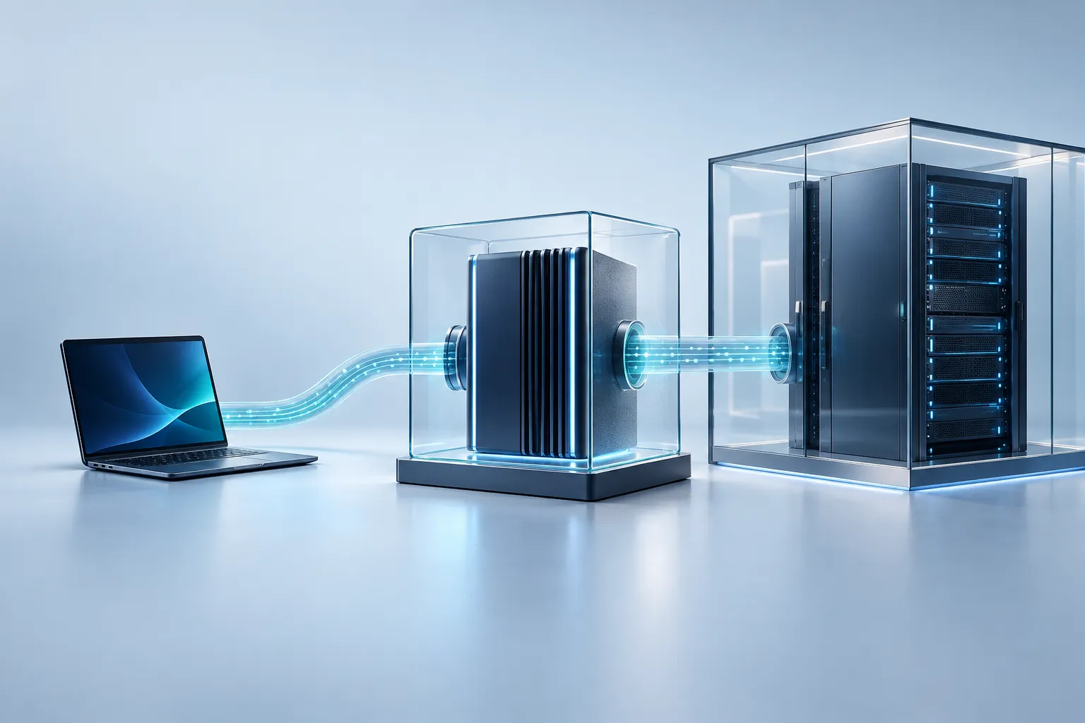 A remote workstation connected through a central secure gateway to a protected server