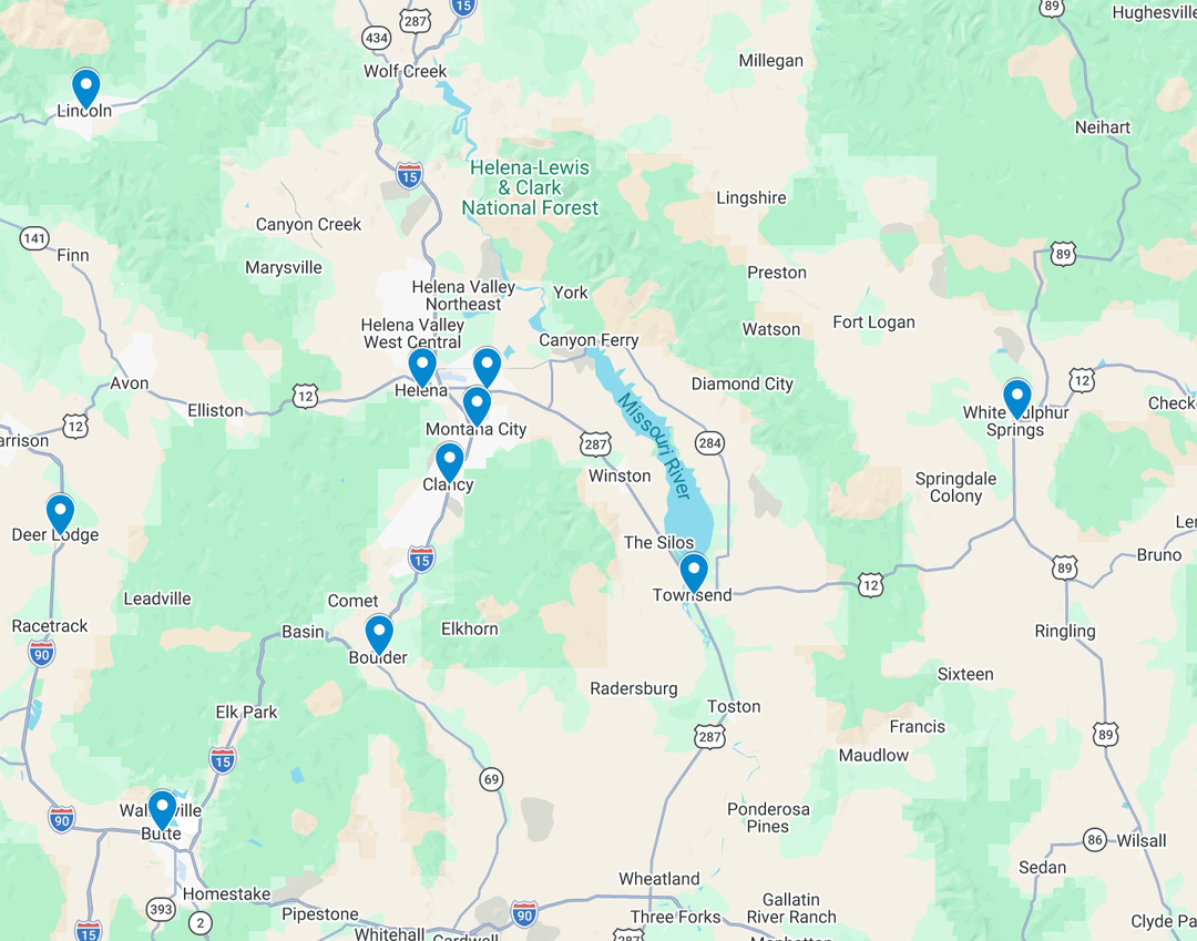 Map of the Helena service area with a pin on each town we cover