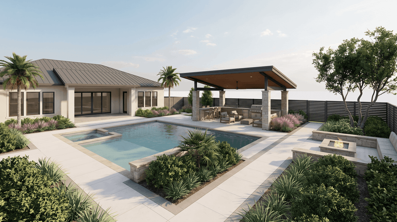 Illustrative backyard layout with a pool, pavilion, planting and walking space.