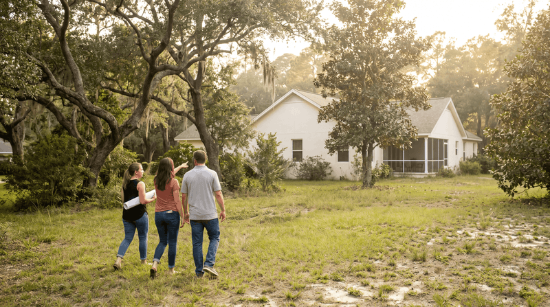 Illustrative property walk beneath mature oaks before backyard planning.