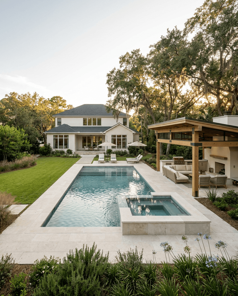 Illustrative planting beds beside a pool, spa and outdoor pavilion.