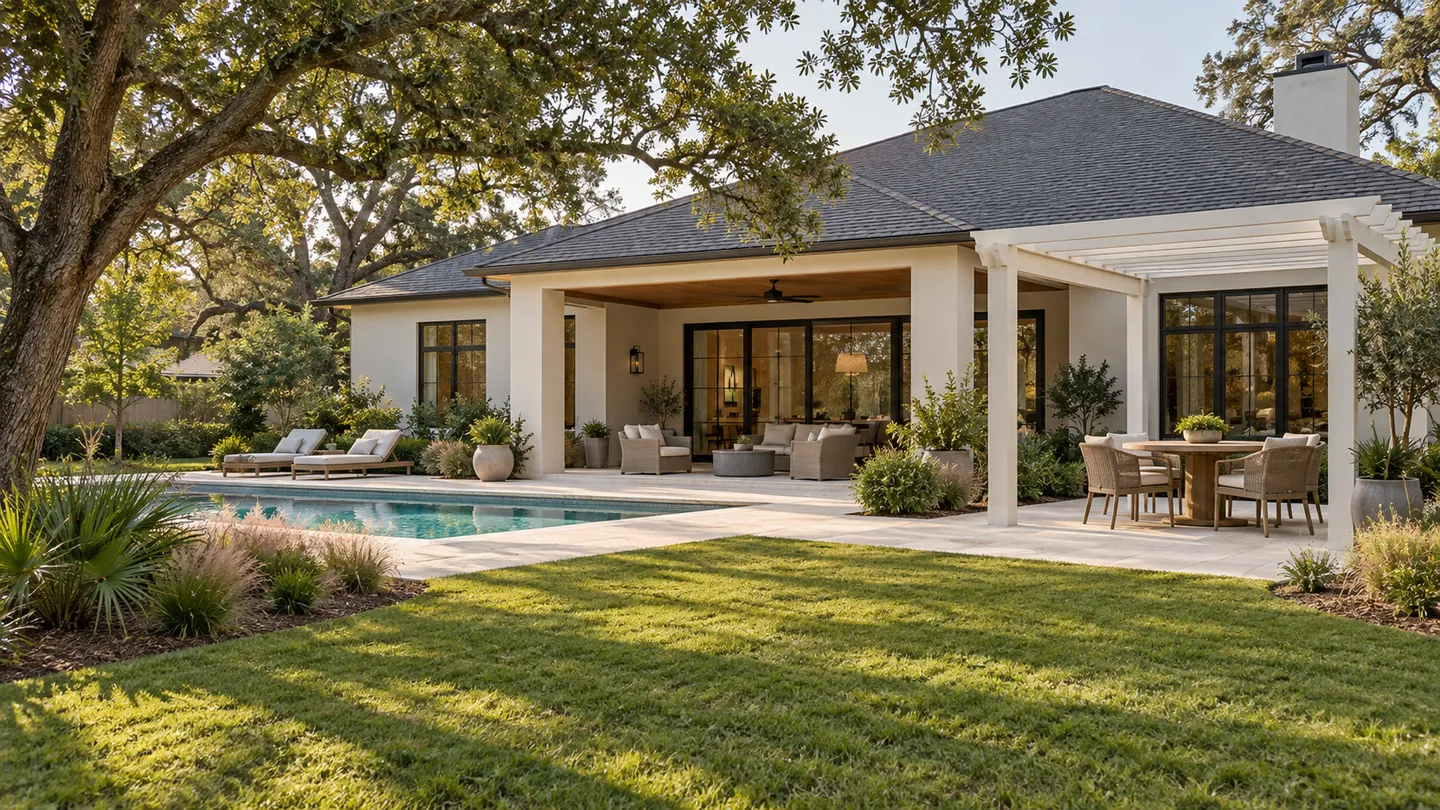 Illustrative backyard design bringing a pool, covered patio and planting into one plan.
