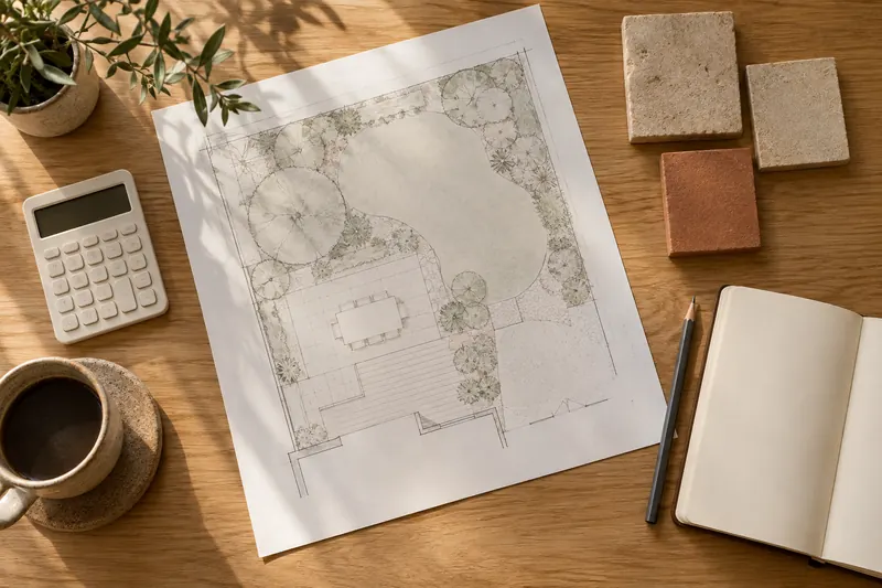 Landscape plan, material samples and calculator arranged on a sunlit design table.