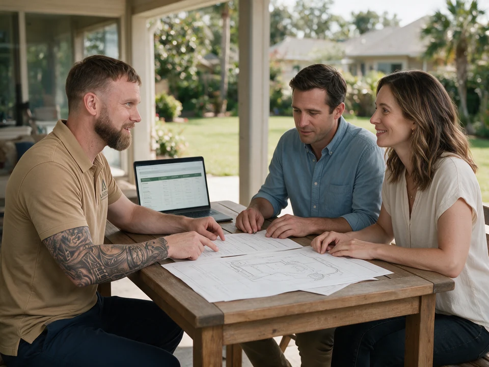 Illustrative scene of Jeremy reviewing contractor proposals and a backyard plan with homeowners.