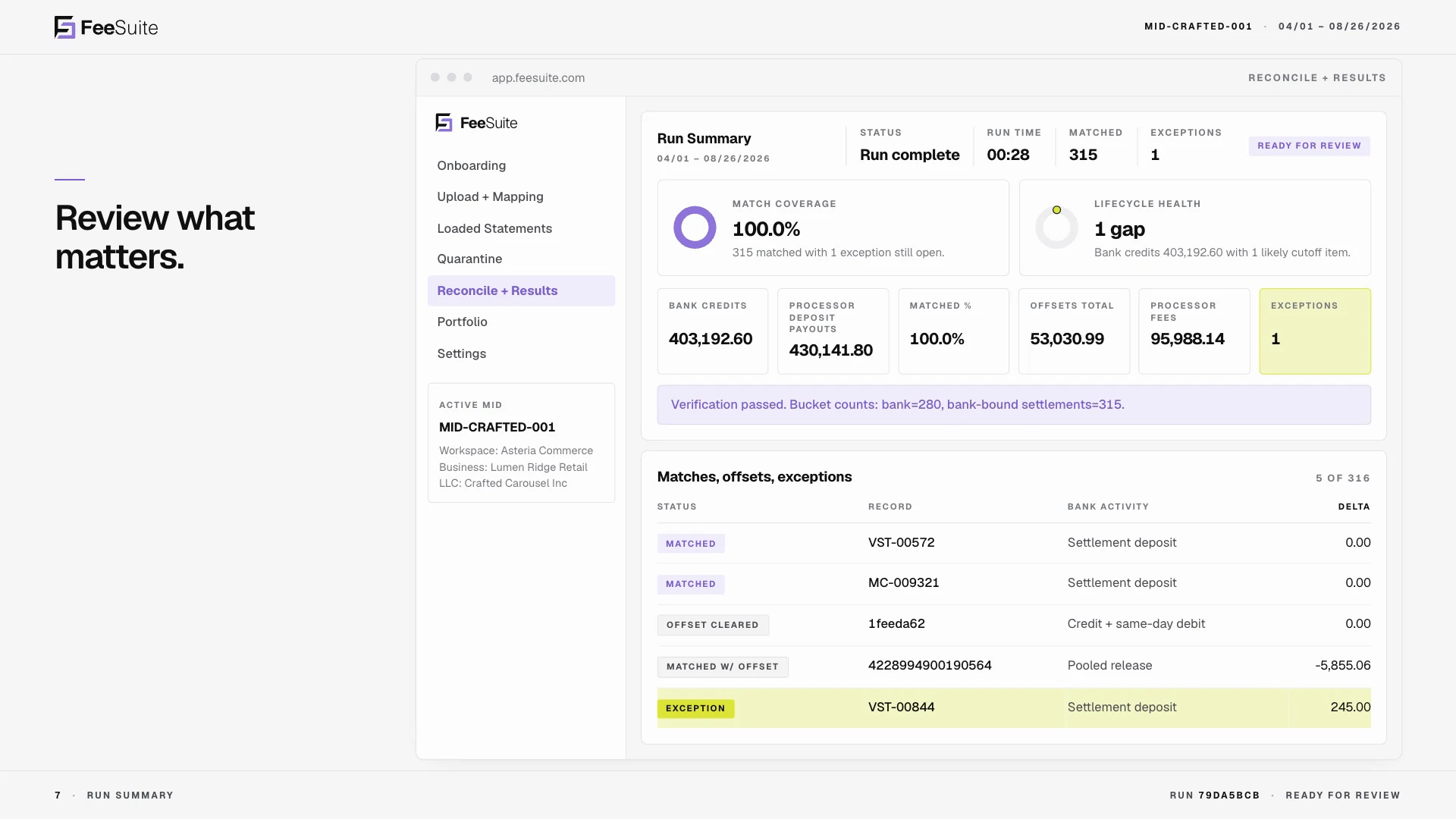 FeeSuite reconciliation results view