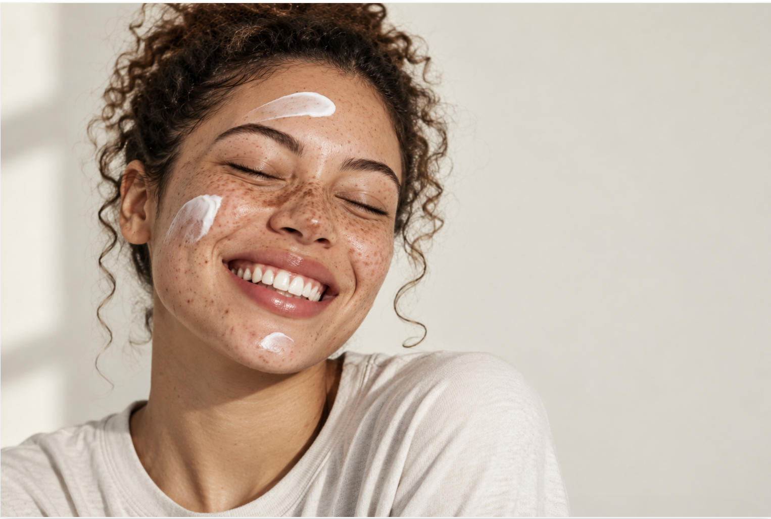Smiling woman in a white T-shirt with cream on her forehead, cheek, and chin.