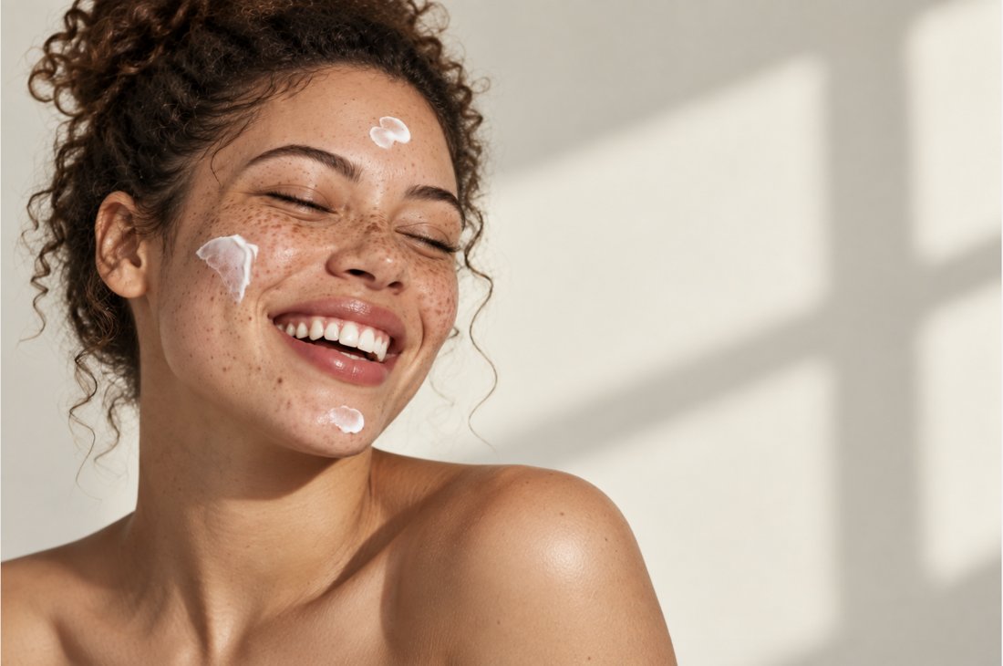 Smiling person with freckles and skincare cream