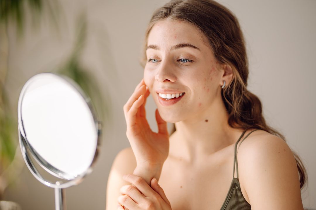 A smiling person with visible breakouts touching their cheek while looking into a hand mirror