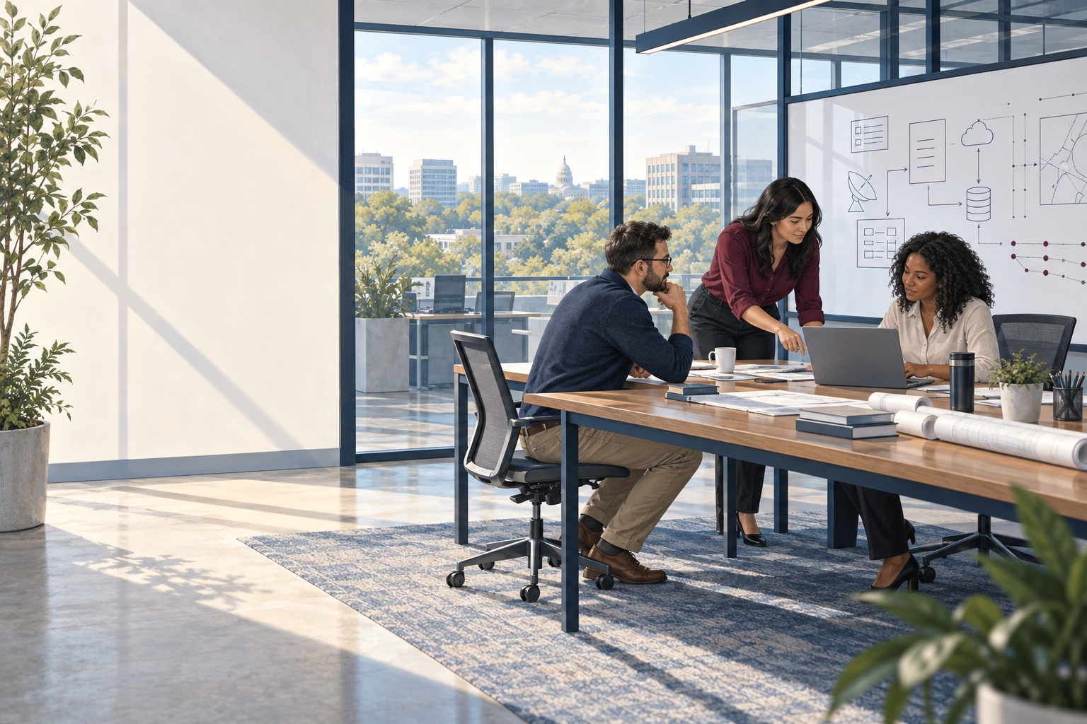 Editorial illustration of colleagues collaborating in a technology workspace