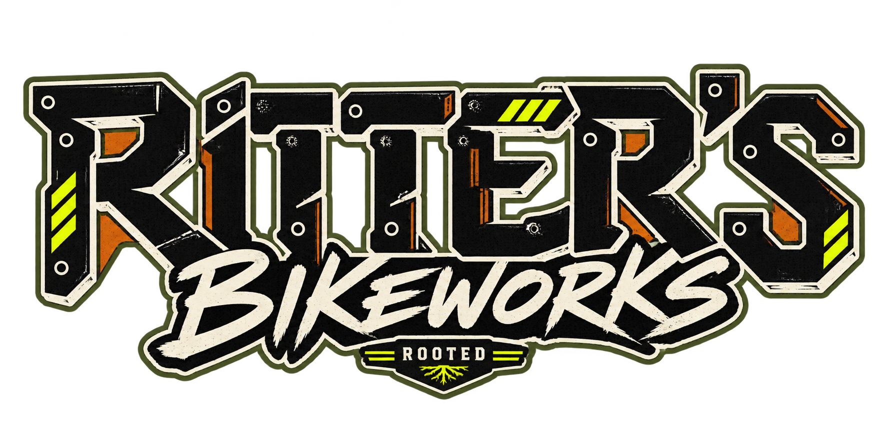 RITTER’S Bikeworks mechanical graffiti wordmark with bolt details and chain links