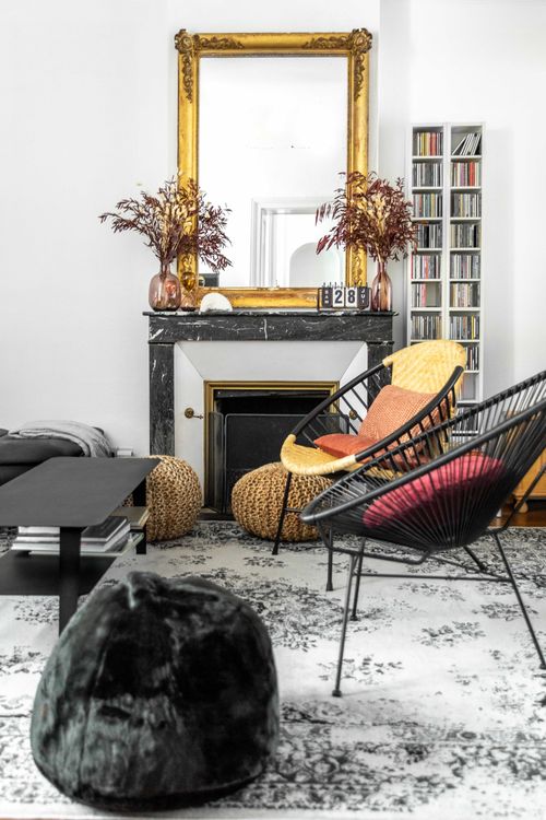 The living room and decorative fireplace