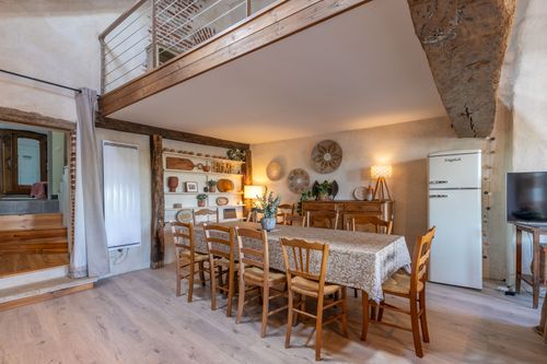 Le Loft’s dining area beneath the mezzanine and old beams