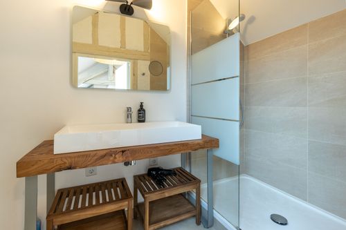 The shower room with a rectangular basin on wood and a glass shower enclosure