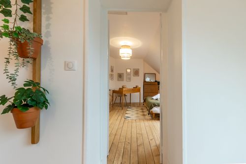 Hanging plants in the passage to the attic bedroom