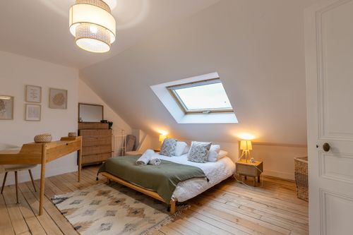 Overview of the attic bedroom and its desk area