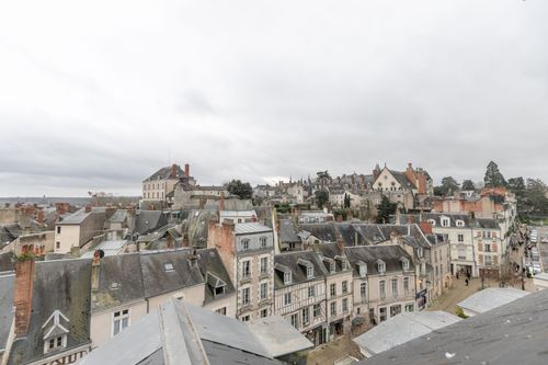 Open views over the rooftops of Blois and the castle beneath a cloudy sky
