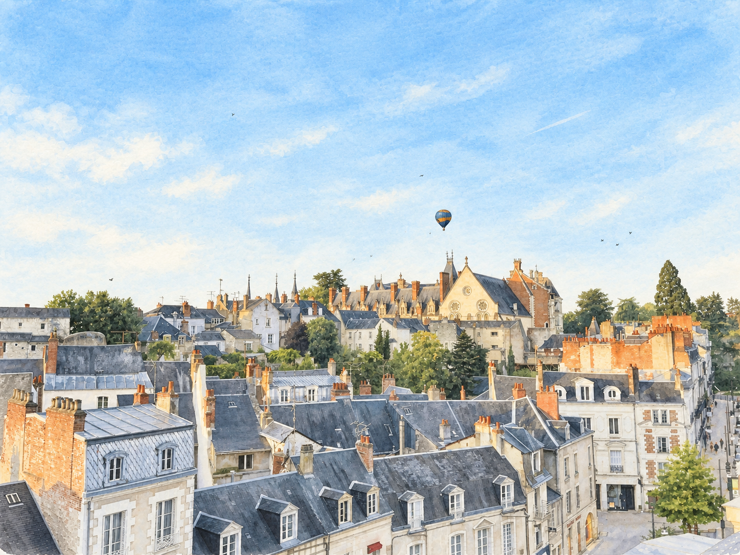 Watercolour of Blois rooftops and castle, with a hot-air balloon overhead, seen from Le Nid de Saint-Honoré