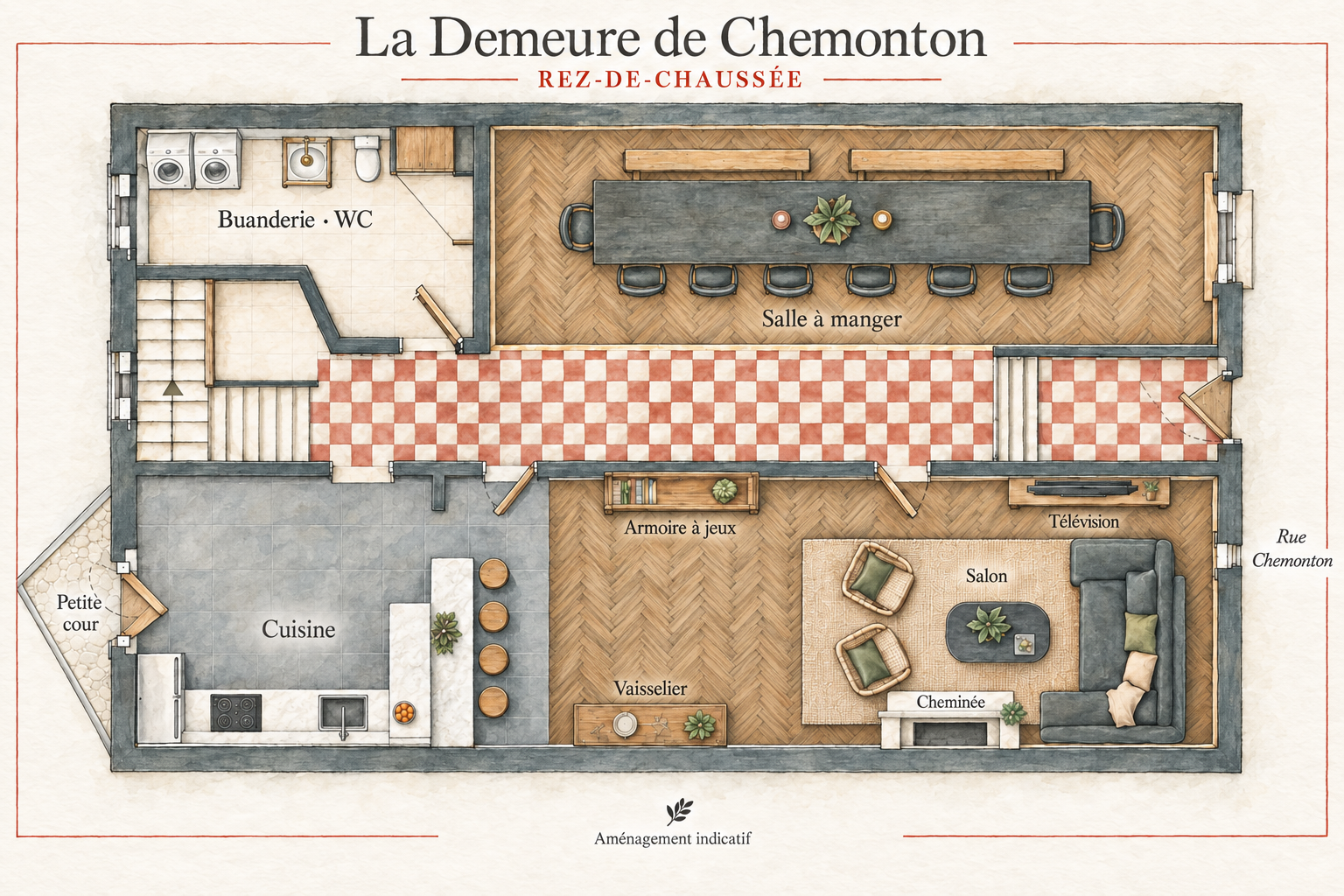 Watercolour floor plan: Ground floor — Living areas and small courtyard
