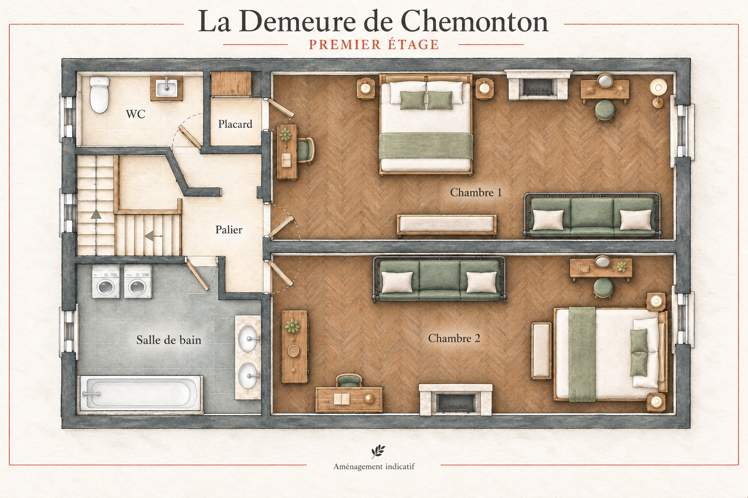 Watercolour floor plan: First floor — Two large bedrooms with sofa beds