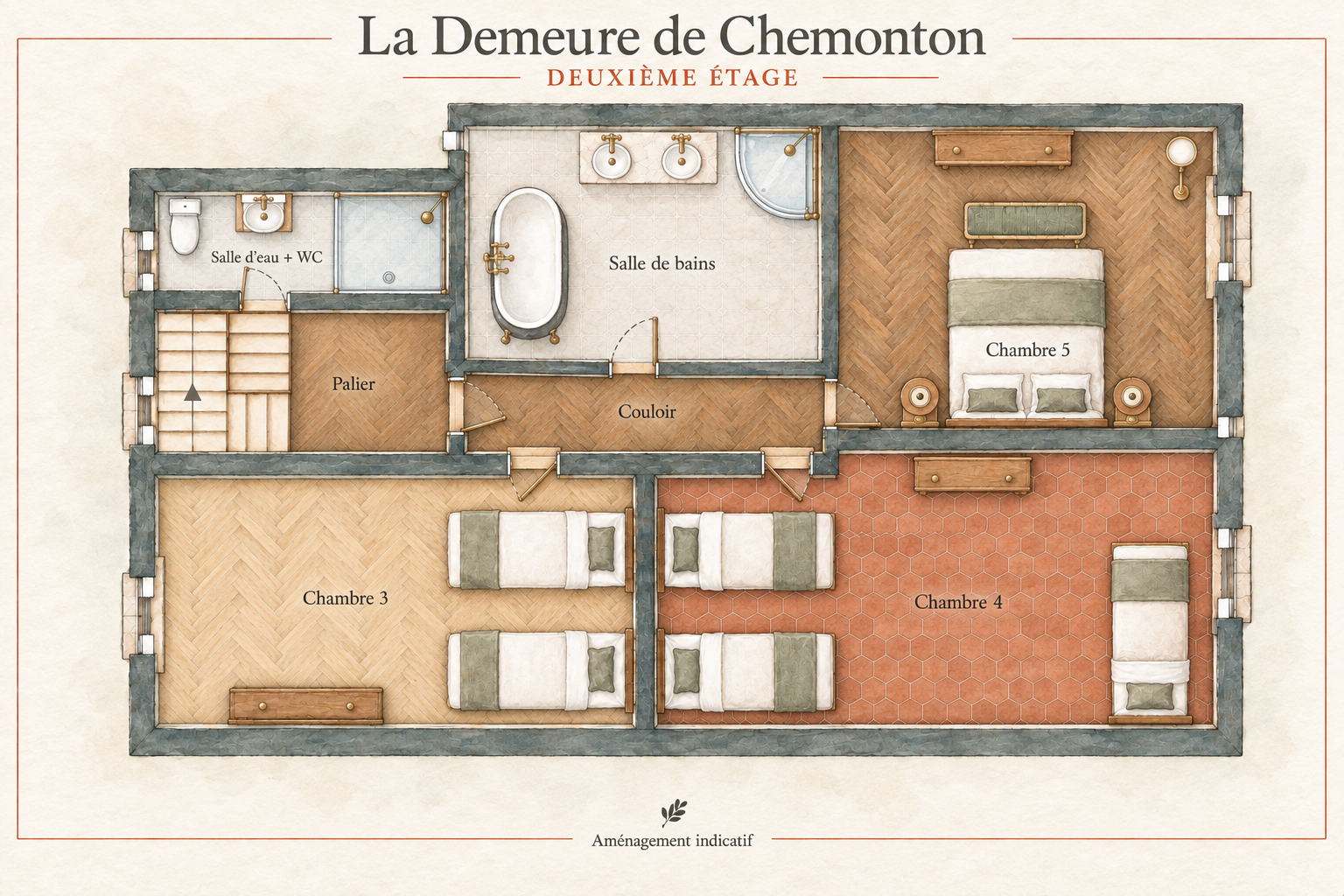 Watercolour floor plan: Second floor — Three bedrooms and bathrooms