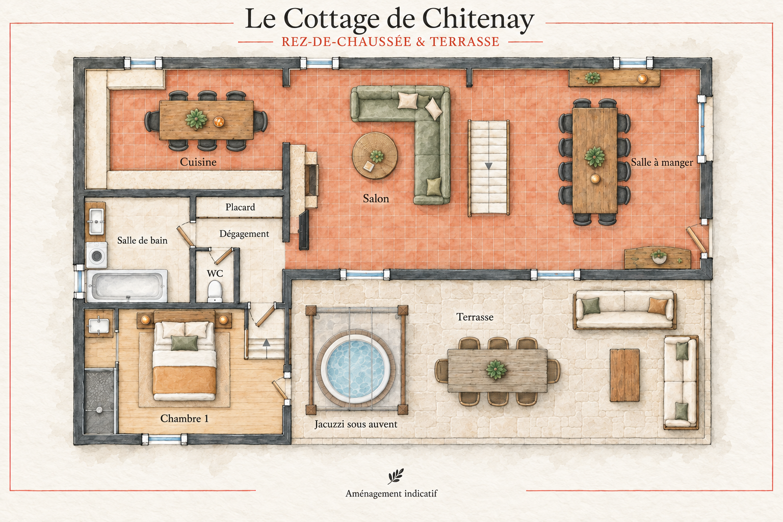 Watercolour floor plan: Ground floor — Living areas, bedroom and outdoor spaces