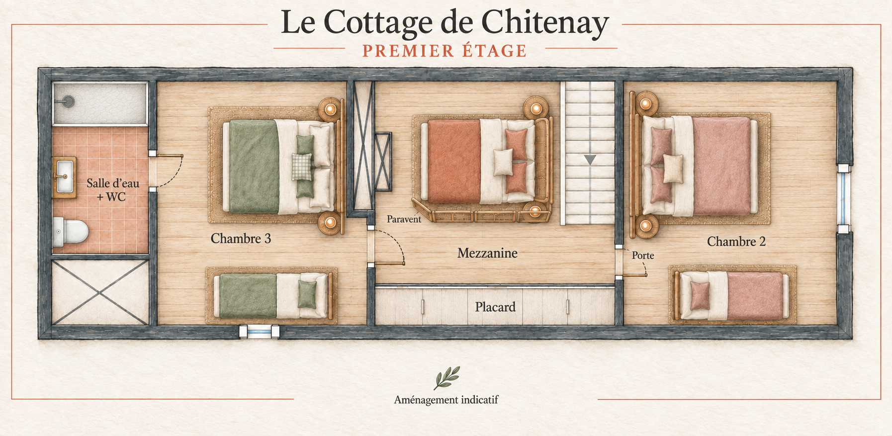 Watercolour floor plan: First floor — Bedrooms and sleeping space on the landing
