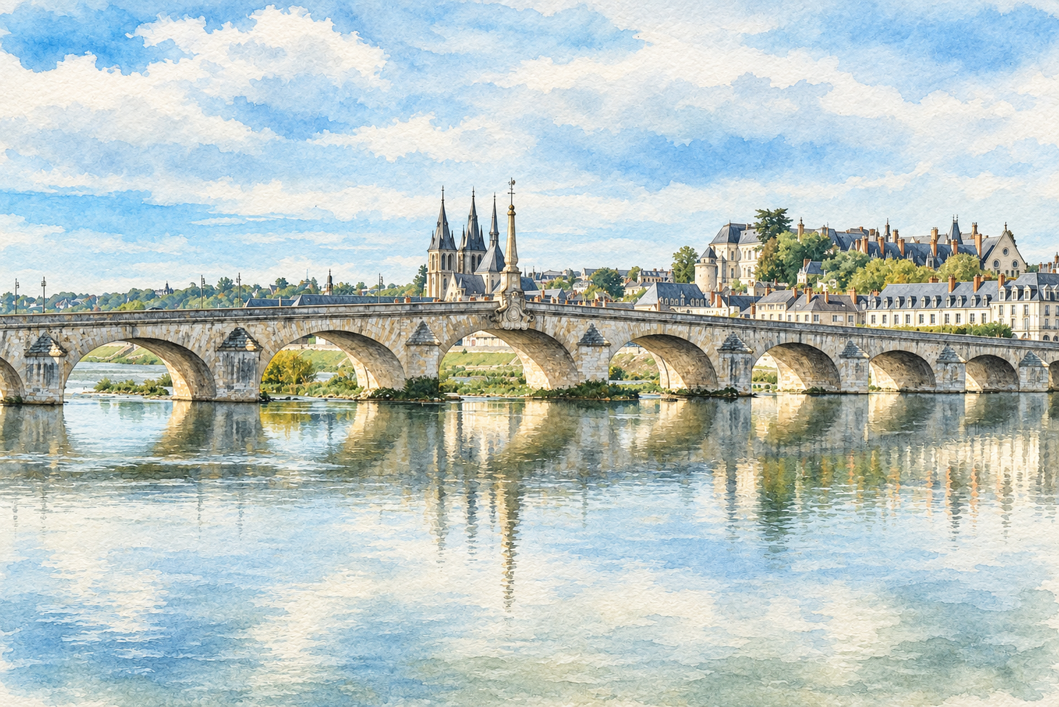 Aquarelle de Blois : le pont Jacques-Gabriel et ses reflets dans la Loire, devant les toits de la ville.