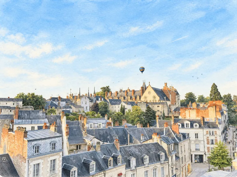 Aquarelle des toits et du château de Blois, survolés par une montgolfière, depuis le Nid de Saint-Honoré