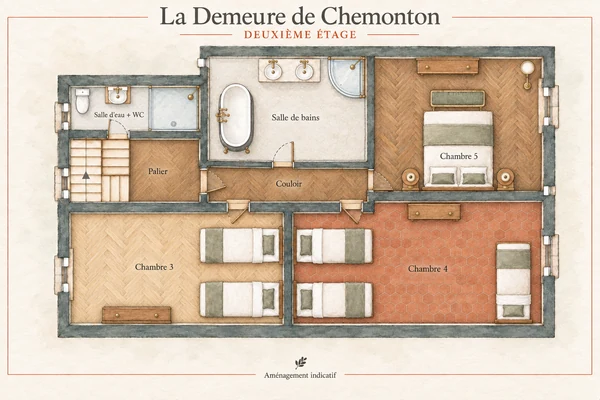 Plan à l’aquarelle : Deuxième étage — Trois chambres et les salles de bain