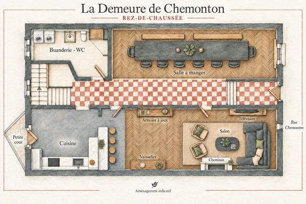 Plan à l’aquarelle : Rez-de-chaussée — Les pièces de vie et la petite cour