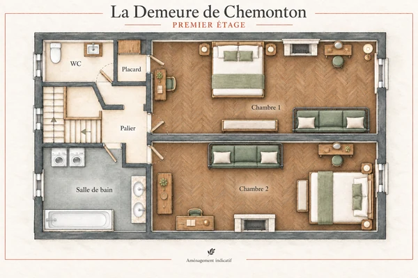 Plan à l’aquarelle : Premier étage — Deux grandes chambres avec canapé-lit