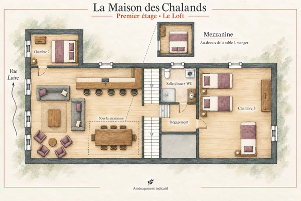 Plan à l’aquarelle : Le Loft · étage et mezzanine — Pièces de vie, chambres et mezzanine ouverte