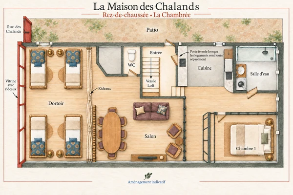 Plan à l’aquarelle : La Chambrée · rez-de-chaussée — Chambre double, dortoir et pièces de vie