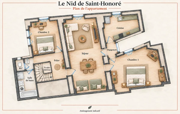 Plan à l’aquarelle : Plan de l’appartement — Deux chambres, séjour, cuisine et salle de bains