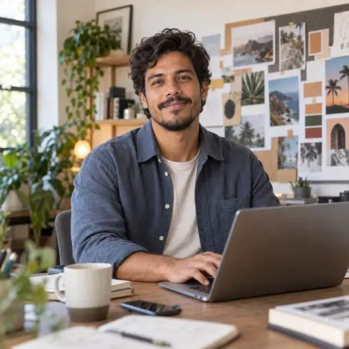 AI-generated illustrative marketing professional at a creative workspace