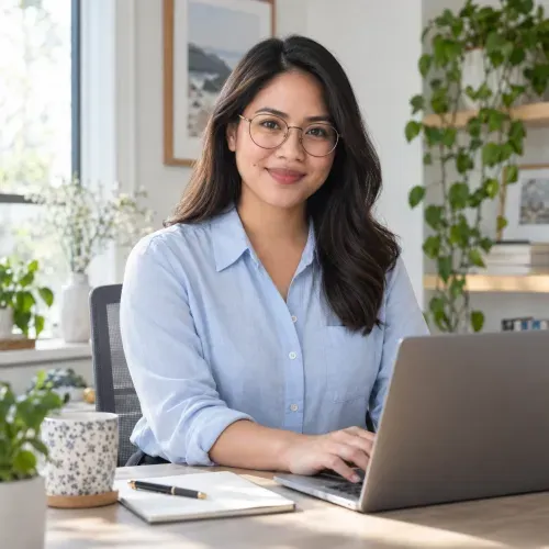 AI-generated illustrative CRM professional working at her laptop