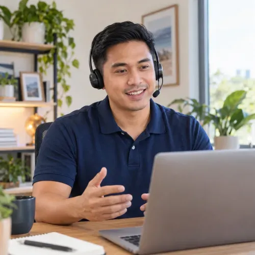 AI-generated illustrative remote sales professional wearing a headset