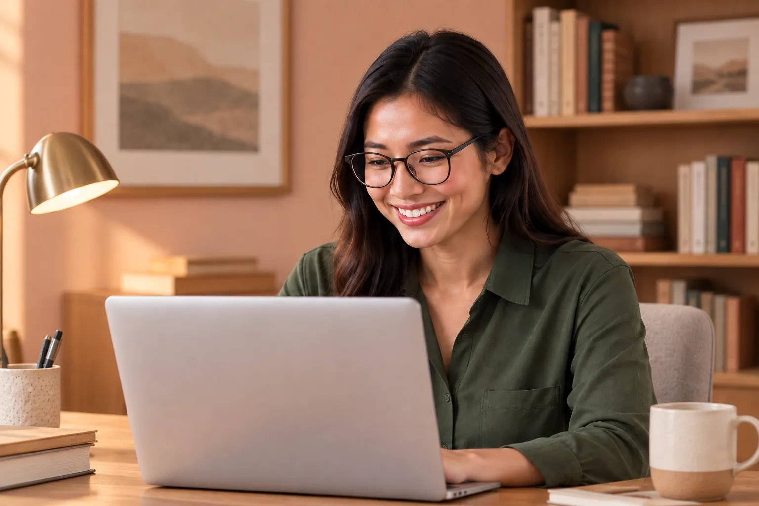 Illustrative administrative professional working in a home study.