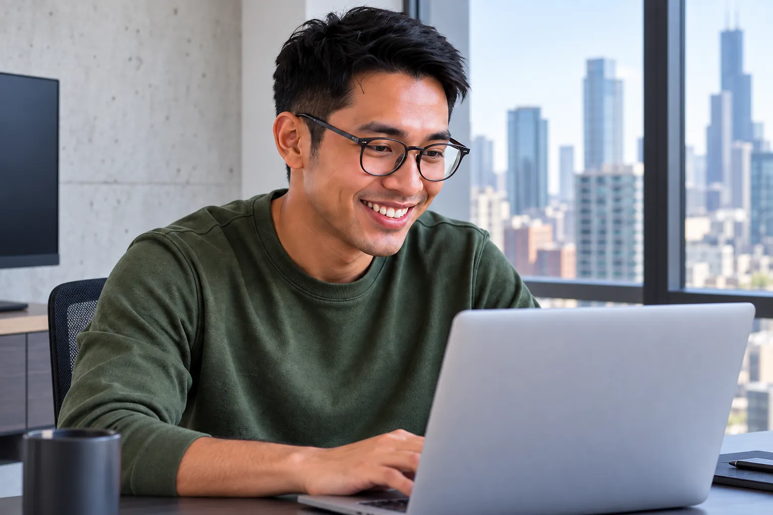 Illustrative CRM professional working from a city apartment.