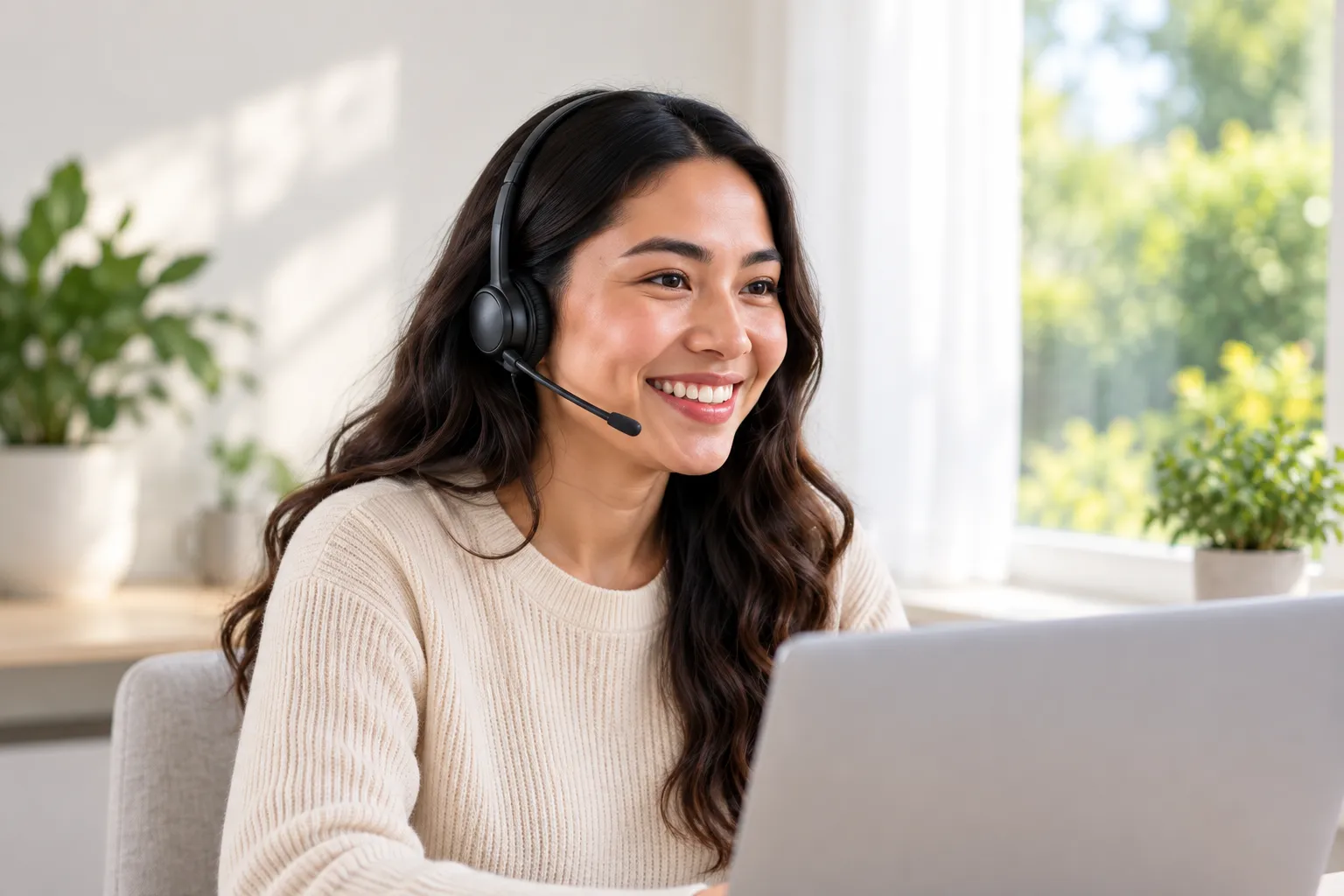 Illustrative remote sales professional wearing a headset.