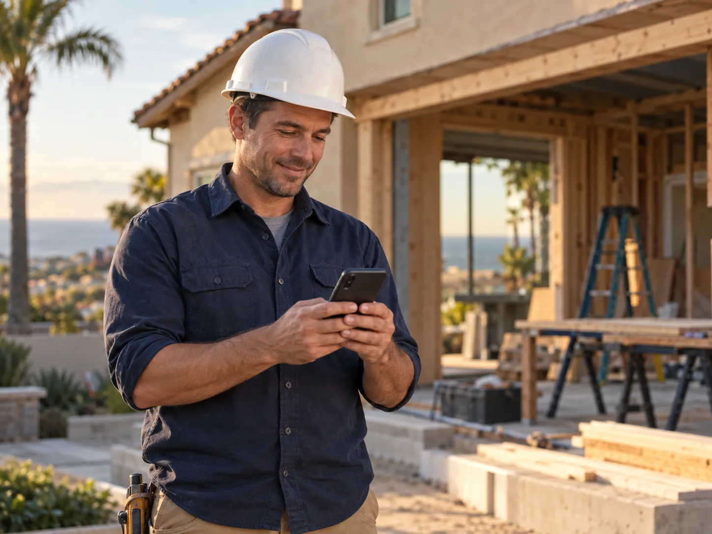 AI-generated construction business owner smiling at a phone update on a residential job site