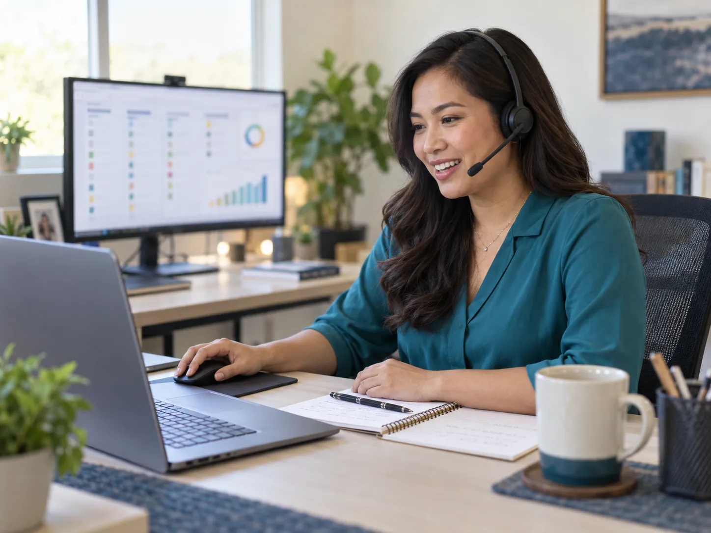 AI-generated Filipino marketing specialist sharing campaign and lead updates from a remote workstation