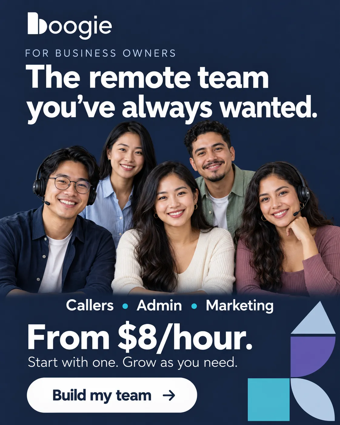 Illustrative team portrait from the Boogie creative supplied for this page, showing five smiling remote professionals