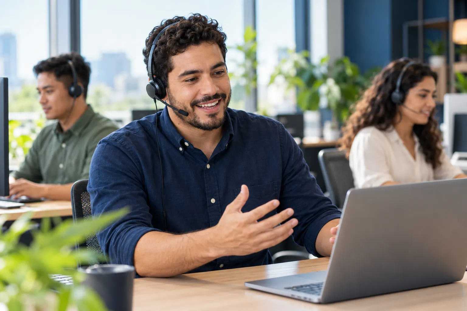 Illustrative team of calling professionals working at their laptops